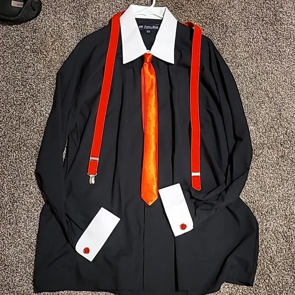 Fortino Landi Shirts | Black, White Dress Shirt w/ Red Tie Suspenders and Cuff Links | Color: Black/White | Size: 18.5 | Awpribbanow's Closet